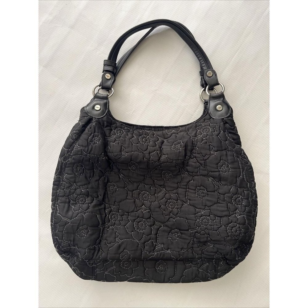 Thirty One Shoulder Bag Womens Black Flower‎ Poppy Quilted Hobo Purse 3 Sections